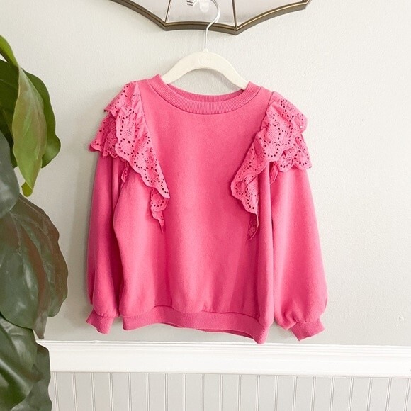 H&M Girls Eyelet Ruffle Hot Pink Sweatshirt 5/6 - Picture 1 of 7